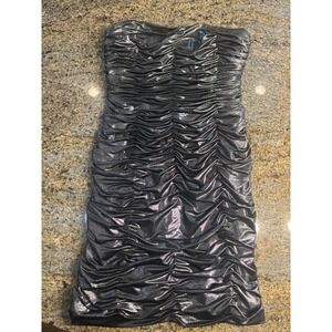 90s Y2K‎ Cache Silver Metallic Strapless Ruched Tube Dress Size 8